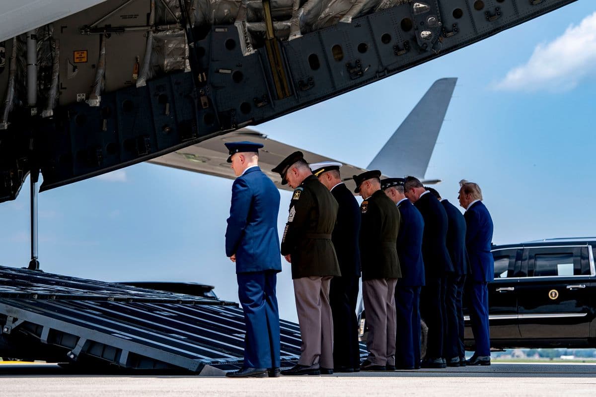 President Donald Trump attends the dignified transfer of Army 1st Lt. Tyler James Feehan, Army Staff Sgt. Emmanuel Swinton, Army Sgt. Angel Rampersad and Army Pvt. Isabella Gonzales at Dover Air Force Base in Dover, Delaware on Wednesday, July 22, 2026.
President Donald Trump Attends Dignified Transfer Ceremony at Dover Air Force Base, Delaware, United States - 22 Jul 2026